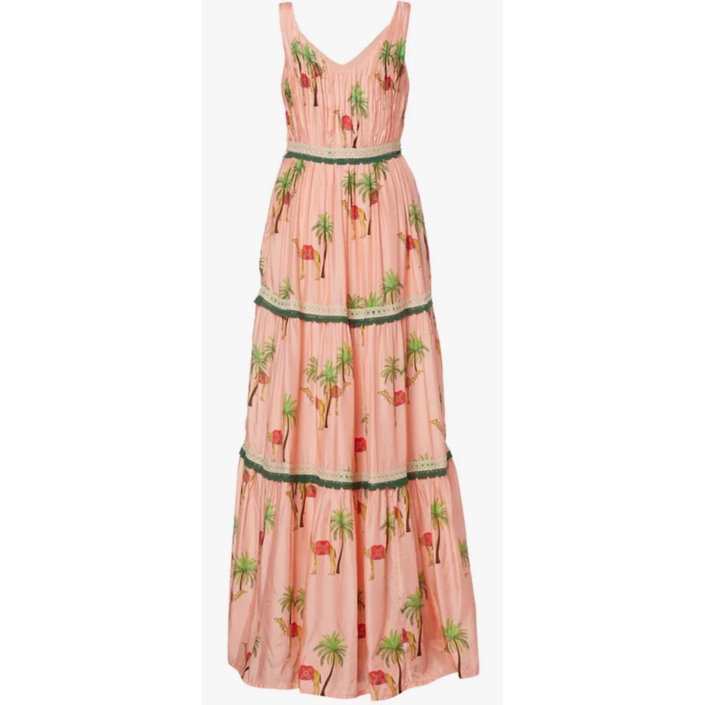 New Tags Studio Verandah "Blush Camel" print maxi dress $595 sz UK 10 US S